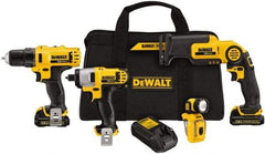 DeWALT - 12 Volt Cordless Tool Combination Kit - Includes 3/8" Drill/Driver, 1/4" Impact Driver, Pivot Reciprocating Saw & LED Worklight, Lithium-Ion Battery Included - Industrial Tool & Supply