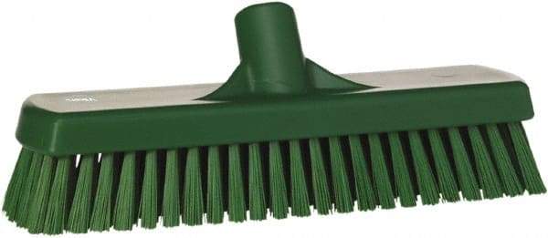 Vikan - 1.7" Bristle Length, Polyester Scrub Brush - 11-1/4" Long x 3" Wide Head, 12" OAL, European Threaded Handle, Green, Polypropylene Block - Industrial Tool & Supply