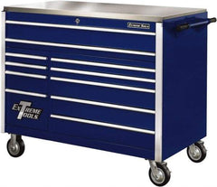 EXTREME TOOLS - 11 Drawer Steel Tool Roller Cabinet - 55" Wide x 46-3/8" High x 30" Deep, Ball Bearing Drawer Slides, Blue - Industrial Tool & Supply
