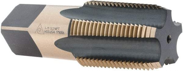 Made in USA - 1 - 11-1/2 NPT Thread, 5 Flute Standard Pipe Tap - 3-1/4" OAL, 1-3/4" Thread Length, 1-1/8" Shank Diam, Oxide/Gold Finish, High Speed Steel - Exact Industrial Supply