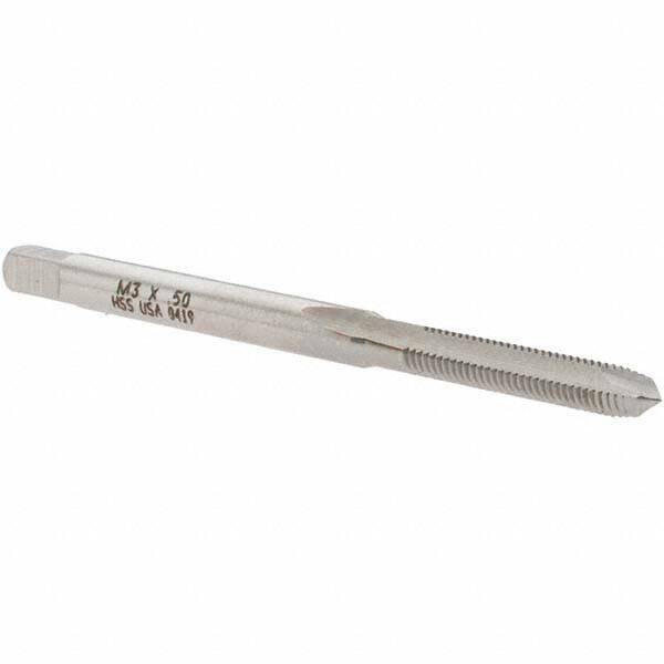 Made in USA - M3x0.50 Metric Coarse, 2 Flute, High Speed Steel Spiral Point Tap - Plug Chamfer, Right Hand Thread, 1-15/16" OAL - Exact Industrial Supply