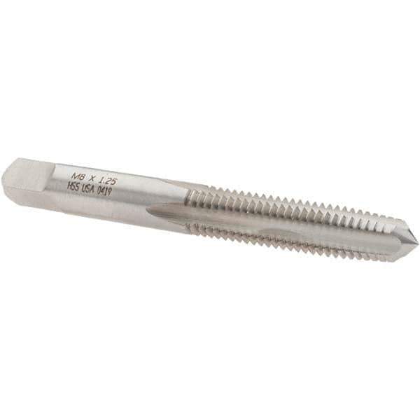 Made in USA - M8x1.25 Metric Coarse 4 Flute Bright Finish High Speed Steel Straight Flute Standard Hand Tap - Taper, 2-23/32" OAL, D5 Limit - Exact Industrial Supply