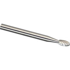 Made in USA - 1/4" Cut Diam, 1/4" Shank Diam, Oval Head Single Cut Burr - Carbide, 3/8" LOC, 2" OAL - Industrial Tool & Supply