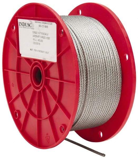 Value Collection - 1/8" Diam, Galvanized Steel Wire Rope - 2,000 Lb Breaking Strength, 7 x 19 Strand Core - Industrial Tool & Supply