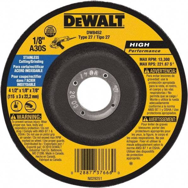 DeWALT - 30 Grit, 4-1/2" Wheel Diam, 1/8" Wheel Thickness, 7/8" Arbor Hole, Type 27 Depressed Center Wheel - Aluminum Oxide, 13,300 Max RPM, Compatible with Angle Grinder - Industrial Tool & Supply