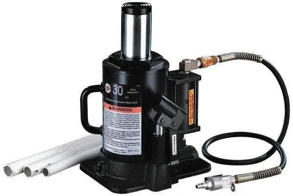 Omega Lift Equipment - 30 Ton Capacity Air-Actuated Bottle Jack - 11" to 18" High, 7" Piston Stroke, 2-1/2" Plunger Diam, 8-1/4" Wide Base - Industrial Tool & Supply