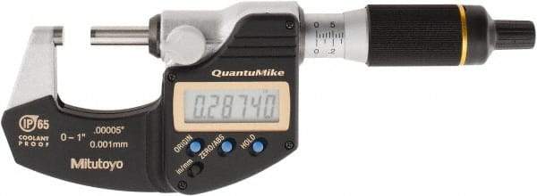 Mitutoyo - 0 to 1 Inch Range, 0.0001 Inch Resolution, Rapid Measurement, IP65 Electronic Outside Micrometer - 0.0001 Inch Accuracy, Ratchet Stop Thimble, Carbide Face, SR44 Battery, Plastic Case, Includes NIST Traceable Certification of Inspection - Industrial Tool & Supply