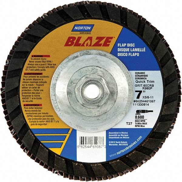 Norton - 120 Grit, 7" Disc Diam, 5/8-11 Center Hole, Type 27 Ceramic Alumina Flap Disc - 8,600 Max RPM, Polyester Backing, Arbor Attaching System, Coated - Industrial Tool & Supply