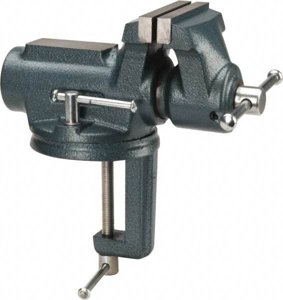 Wilton - 4" Jaw Width, 2-1/4" Opening Capacity, 2" Throat Depth, Steel Swivel Bench Vise - Clamp-On Base Attachment, 10" Long x 5.4" Wide x 10.1" High - Industrial Tool & Supply