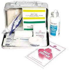 Medique - 52 Piece, 5 Person, Multipurpose/Auto/Travel First Aid Kit - 7-3/4" Wide x 2-3/4" Deep x 4-3/4" High, Metal Case - Industrial Tool & Supply