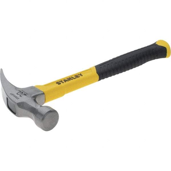 Stanley - 20 oz Head, Curved Claw Hammer - 12.83" OAL, Steel Head, 1.18" Face Diam, Smooth Face, Fiberglass Handle with Grip - Industrial Tool & Supply