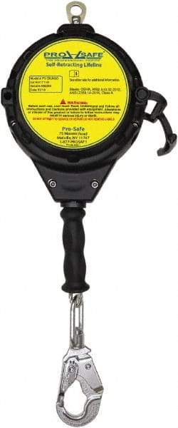 PRO-SAFE - 30' Long, 310 Lb Capacity, Galvanized Steel Cable Self-Retracting Lifeline - 3/16" Diam, Swivel Locking Snap Hook Connector with Load Indicator, Self-Locking Carabiner Connector, Metallic/Black - Industrial Tool & Supply