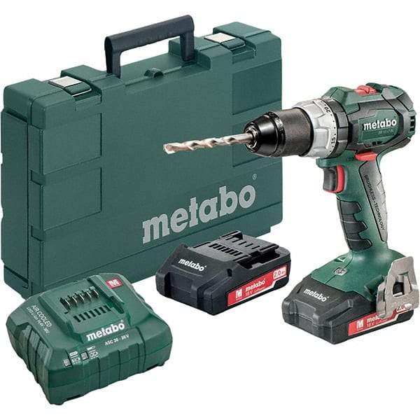Metabo - 18 Volt 1/16 to 1/2" Keyless Chuck Cordless Hammer Drill - 31950 BPM, 600 to 2,100 RPM, Reversible, Pistol Grip Handle - Industrial Tool & Supply