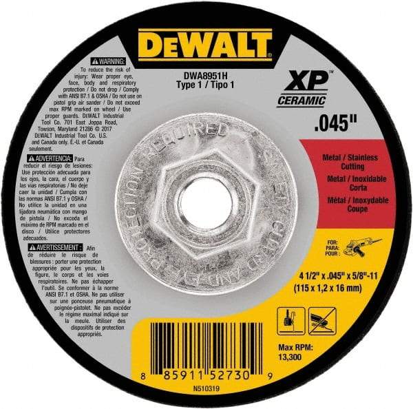 DeWALT - 4-1/2" Ceramic Cutoff Wheel - 0.045" Thick, 5/8-11 Arbor, 13,300 Max RPM, Use with Angle Grinders - Industrial Tool & Supply