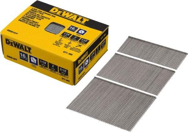 DeWALT - 16 Gauge 2-1/2" Long Finishing Nails for Power Nailers - Steel, Bright Finish, Smooth Shank, Angled Stick Collation, Round Head, Chisel Point - Industrial Tool & Supply