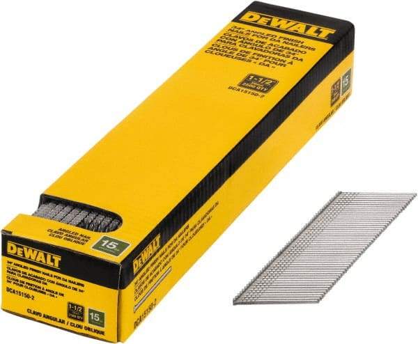 DeWALT - 15 Gauge 1-1/2" Long Finishing Nails for Power Nailers - Steel, Bright Finish, Smooth Shank, Angled Stick Collation, Round Head, Chisel Point - Industrial Tool & Supply