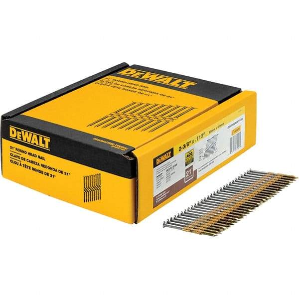 DeWALT - 12 Gauge 2.38" Long Framing Nails for Power Nailers - Steel, Galvanized Finish, Ring Shank, Angled Stick Collation, Round Head - Industrial Tool & Supply