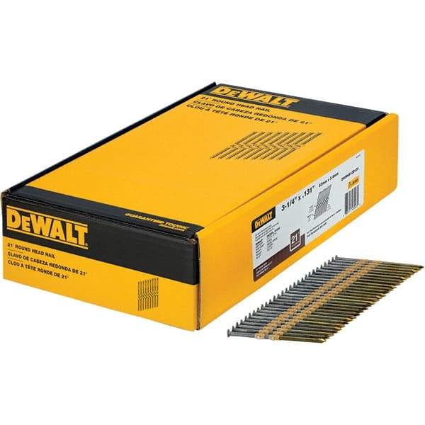 DeWALT - 9 Gauge 3-1/4" Long Framing Nails for Power Nailers - Steel, Bright Finish, Smooth Shank, Angled Stick Collation, Round Head - Industrial Tool & Supply