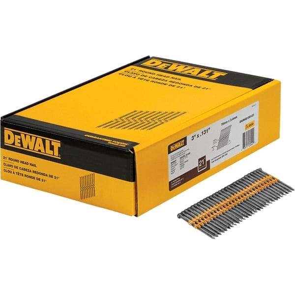 DeWALT - 9 Gauge 3" Long Framing Nails for Power Nailers - Steel, Bright Finish, Smooth Shank, Angled Stick Collation, Round Head - Industrial Tool & Supply