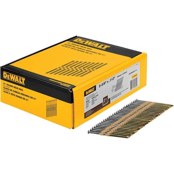 DeWALT - 12 Gauge 2.38" Long Framing Nails for Power Nailers - Steel, Bright Finish, Smooth Shank, Angled Stick Collation, Round Head - Industrial Tool & Supply