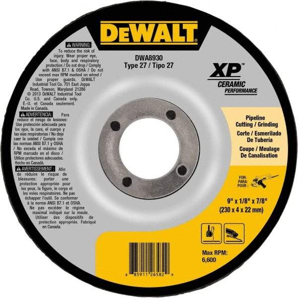DeWALT - 24 Grit, 9" Wheel Diam, 7/8" Arbor Hole, Type 27 Depressed Center Wheel - Coarse/Medium Grade, Ceramic, N Hardness, 6,600 Max RPM - Industrial Tool & Supply