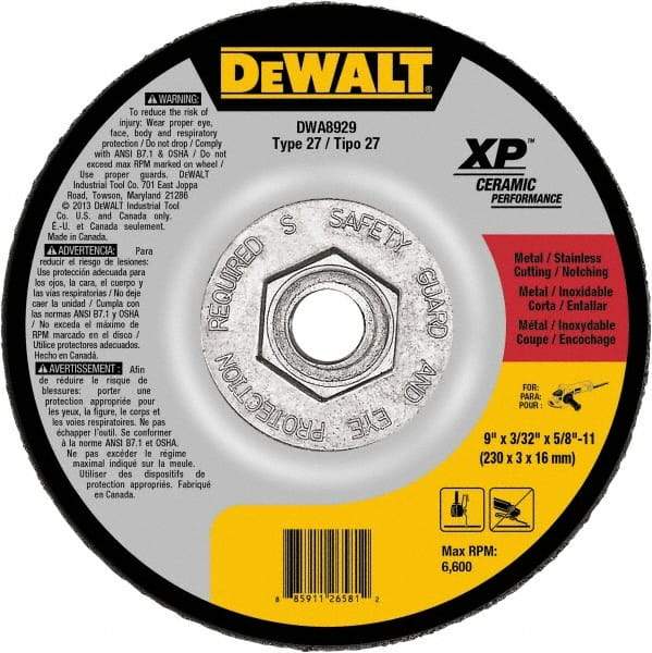 DeWALT - 24 Grit, 9" Wheel Diam, Type 27 Depressed Center Wheel - Coarse/Medium Grade, Ceramic, N Hardness, 6,600 Max RPM - Industrial Tool & Supply