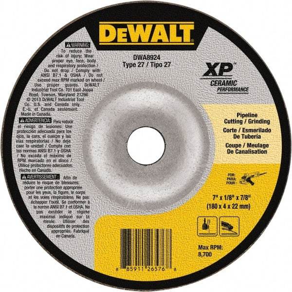 DeWALT - 24 Grit, 7" Wheel Diam, 7/8" Arbor Hole, Type 27 Depressed Center Wheel - Coarse/Medium Grade, Ceramic, N Hardness, 8,700 Max RPM - Industrial Tool & Supply