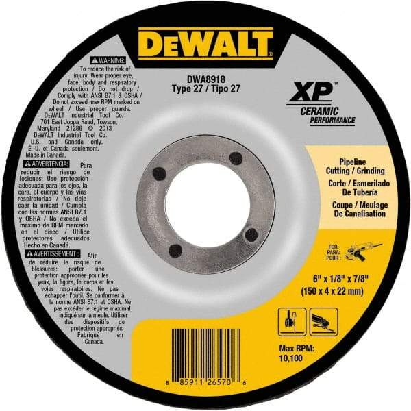 DeWALT - 24 Grit, 6" Wheel Diam, 7/8" Arbor Hole, Type 27 Depressed Center Wheel - Coarse/Medium Grade, Ceramic, N Hardness, 10,100 Max RPM - Industrial Tool & Supply