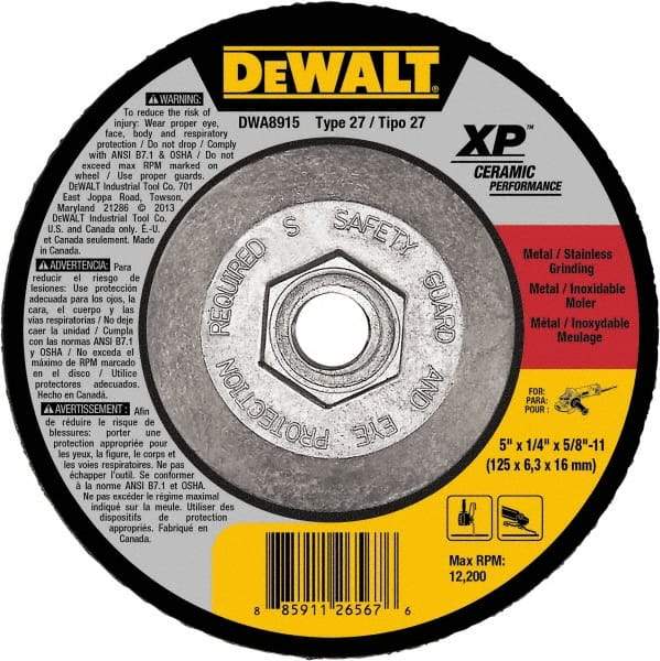 DeWALT - 24 Grit, 5" Wheel Diam, Type 27 Depressed Center Wheel - Coarse/Medium Grade, Ceramic, N Hardness, 12,200 Max RPM - Industrial Tool & Supply