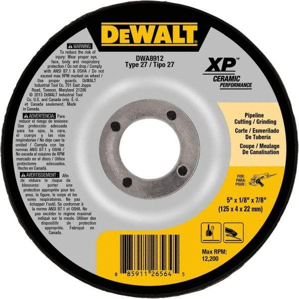 DeWALT - 24 Grit, 5" Wheel Diam, 7/8" Arbor Hole, Type 27 Depressed Center Wheel - Coarse/Medium Grade, Ceramic, N Hardness, 12,200 Max RPM - Industrial Tool & Supply