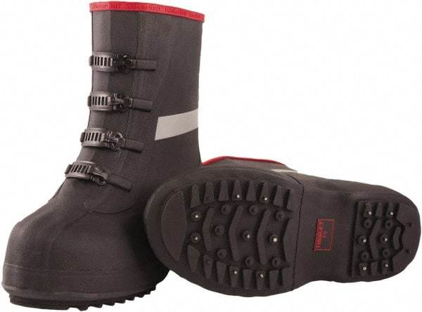 Tingley - Men's 9 (Women's 11) Traction Overboots - 12" High, Plain Toe, Cleated & Studded Sole, Rubber Upper, Black, 100% Liquid Proof, 4 Buckle - Industrial Tool & Supply