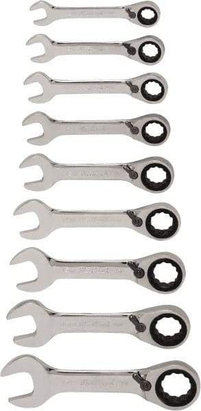 Blackhawk by Proto - 13 Piece, 6mm to 19mm, Stubby Ratcheting Combination Wrench Set - Metric Measurement Standard, Chrome Finish, Canvas Roll - Industrial Tool & Supply