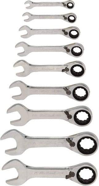 Blackhawk by Proto - 9 Piece, 1/4" to 3/4", Stubby Ratcheting Reversible Combination Wrench Set - Inch Measurement Standard, Chrome Finish, Comes in Case - Industrial Tool & Supply