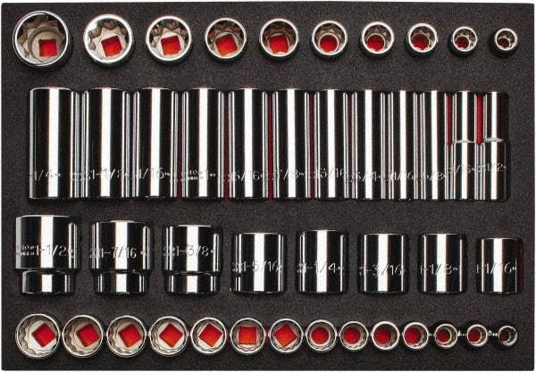 Proto - 65 Piece 1/2" Drive Chrome Finish Deep Well Socket Set - 8, 12 Points, 3/8" to 1-1/2" Range, Inch Measurement Standard - Industrial Tool & Supply