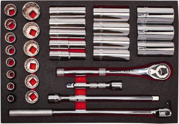 Proto - 30 Piece 1/2" Drive Chrome Finish Deep Well Socket Set - 12 Points, 3/8" to 1-1/4" Range, Inch Measurement Standard - Industrial Tool & Supply