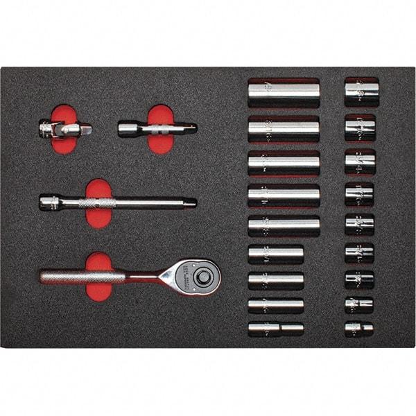 Proto - 22 Piece 3/8" Drive Chrome Finish Deep Well Socket Set - 12 Points, 3/8" to 7/8" Range, Inch Measurement Standard - Industrial Tool & Supply