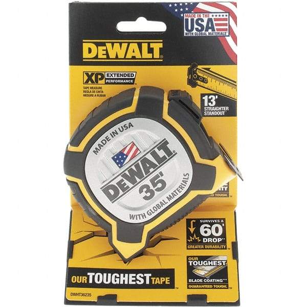 DeWALT - 35' x 1-1/4" Yellow Steel Blade Tape Measure - 1/16" Graduation, Yellow/Black ABS Plastic Case - Industrial Tool & Supply