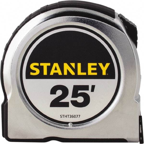 Stanley - 25' x 1" Yellow Steel Blade Tape Measure - 1/16" Graduation, Chrome ABS Plastic Case - Industrial Tool & Supply