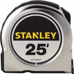 Stanley - 25' x 1" Yellow Steel Blade Tape Measure - 1/16" Graduation, Chrome ABS Plastic Case - Industrial Tool & Supply