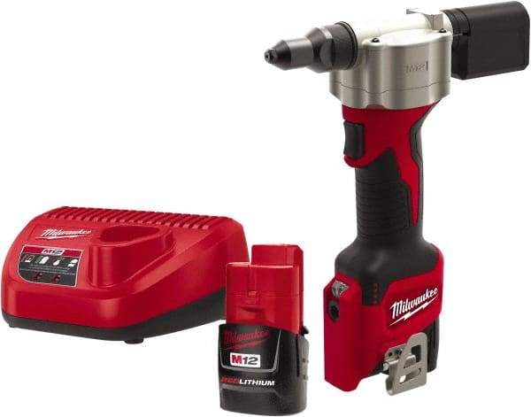 Milwaukee Tool - All up to 3/16" Closed End Rivet Capacity , 2,000 Lb Pull Force Cordless Electric Riveter - 0.8" Stroke Length, 12 Volt, Mandrel Collection, (2) 48-11-2401 Batteries Included - Industrial Tool & Supply