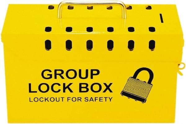NMC - 10" Deep x 4" Wide x 6" High, Portable Group Lockout Box - Yellow, 13 Padlocks - Industrial Tool & Supply