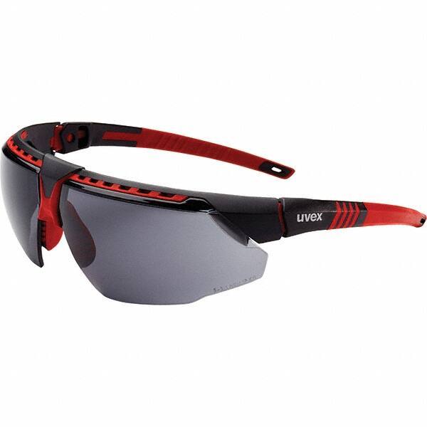 Uvex - Gray Lenses, Framed Safety Glasses - Anti-Fog, Red Frame, Adjustable Temples, Size Universal, Wrap Around - Industrial Tool & Supply