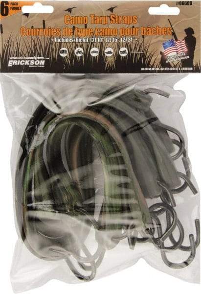Erickson Manufacturing - Tarp Strap with S Hook - 10, 15, 21" OAL, Camouflage Green - Industrial Tool & Supply