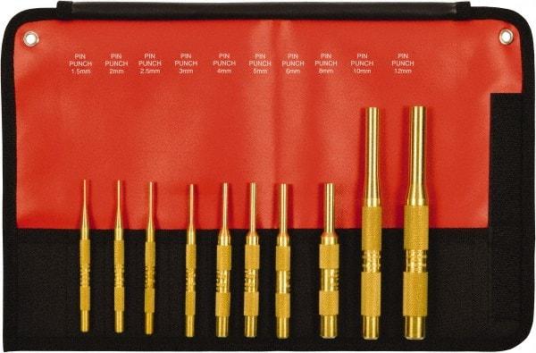 Mayhew - 10 Piece, 1.5 to 12mm, Pin Punch Set - Round Shank, Brass, Comes in Kit Bag - Industrial Tool & Supply