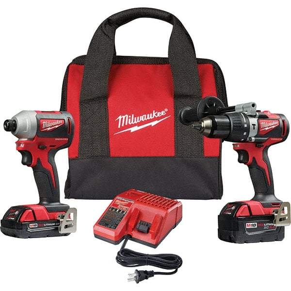 Milwaukee Tool - 18 Volt Cordless Tool Combination Kit - Includes 1/2" Brushless Hammer Drill/Driver & Brushless 1/4" Impact Driver, Lithium-Ion Battery Included - Industrial Tool & Supply