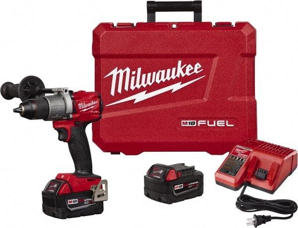 Milwaukee Tool - 18 Volt 1/2" Chuck Pistol Grip Handle Cordless Drill - 0-550 & 0-2000 RPM, Single-Sleeve Ratcheting Chuck, Reversible, 2 Lithium-Ion Batteries Included - Industrial Tool & Supply