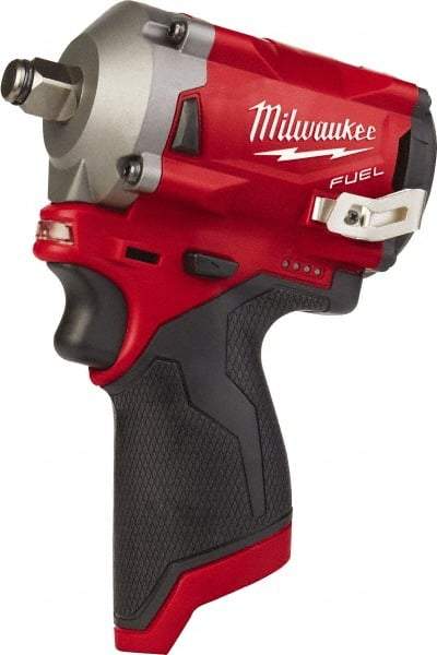 Milwaukee Tool - 1/2" Drive 12 Volt Pistol Grip Cordless Impact Wrench & Ratchet - 2,700 RPM, 0 to 3,200 BPM, 250 Ft/Lb Torque, Lithium-Ion Batteries - Industrial Tool & Supply