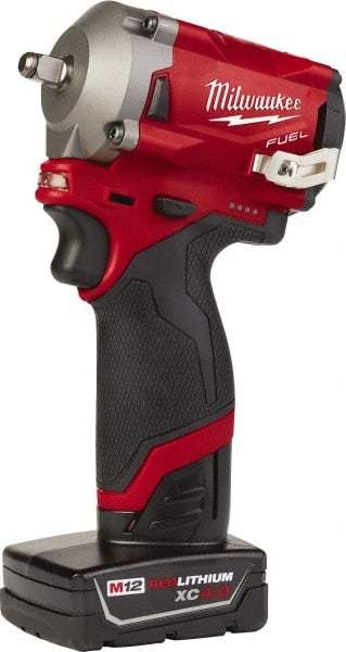 Milwaukee Tool - 3/8" Drive 12 Volt Pistol Grip Cordless Impact Wrench & Ratchet - 2,700 RPM, 0 to 3,200 BPM, 250 Ft/Lb Torque, 2 Lithium-Ion Batteries Included - Industrial Tool & Supply