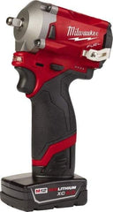 Milwaukee Tool - 3/8" Drive 12 Volt Pistol Grip Cordless Impact Wrench & Ratchet - 2,700 RPM, 0 to 3,200 BPM, 250 Ft/Lb Torque, 2 Lithium-Ion Batteries Included - Industrial Tool & Supply