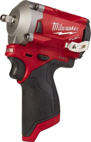 Milwaukee Tool - 3/8" Drive 12 Volt Pistol Grip Cordless Impact Wrench & Ratchet - 2,700 RPM, 0 to 3,200 BPM, 250 Ft/Lb Torque, Lithium-Ion Batteries - Industrial Tool & Supply